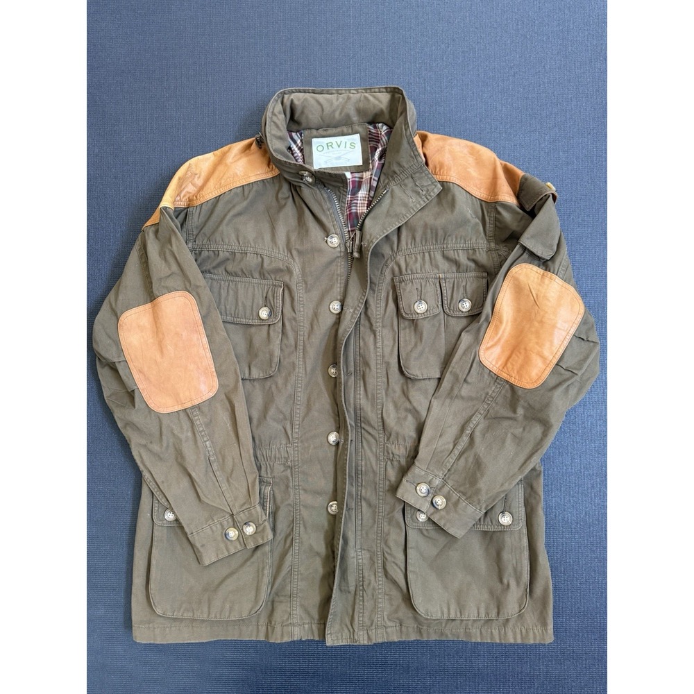 Vintage Orvis Mens Field Ranger Jacket Olive Brown Leather Patches Plaid Large